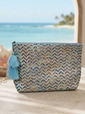 Lancome Makeup Pouch Zig Zag Cosmetic Bag Blue & Natural Woven Tassel Zipper